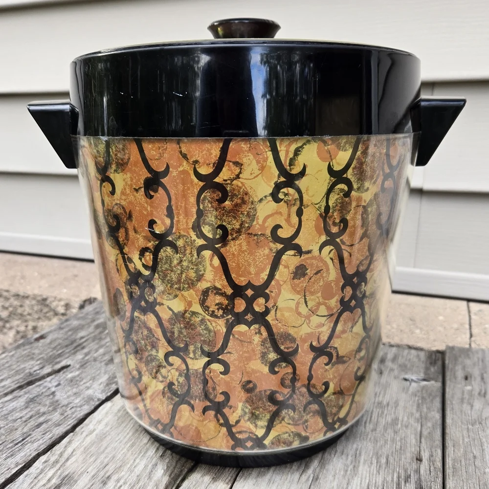 Vtg Thermo-Serve Ice Bucket Gold & Black Tapestry Plastic MCM W/ Lid West Bend